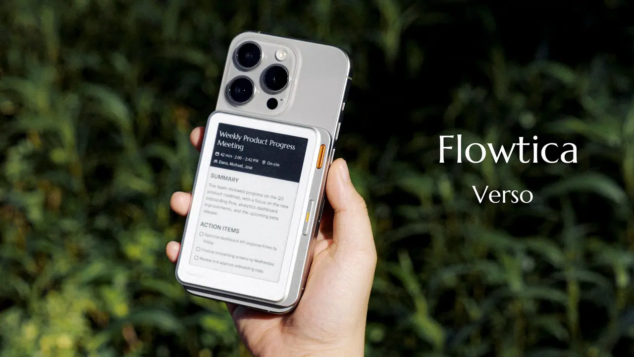 Flowtica Verso AI Note-Taker Snaps Onto Phones With E-Paper Display for Meeting Summaries